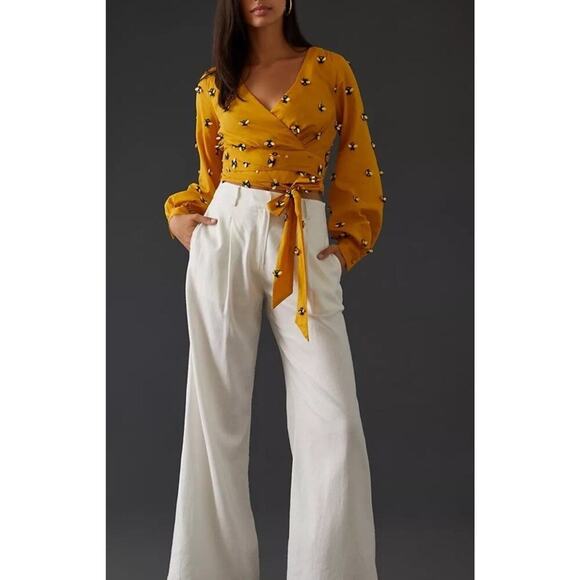 Maeve x Anthropologie Long Sleeve 3D Bee 2 Yellow Black Wrap Crop LH - Picture 1 of 3